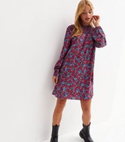 New Look Red Floral Crepe High Neck Long Sleeve Shirred Mini Smock Dress